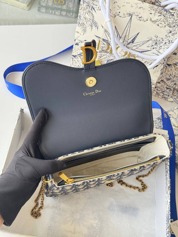 CD Medium Saddle Pouch with Chain 21.5cm Blue Jacquard Cowhide GHW