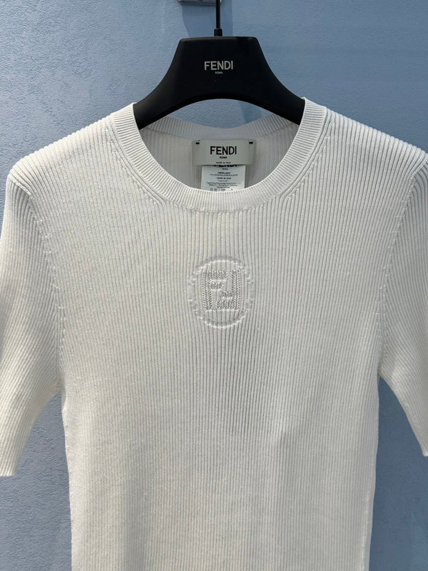 Fendi 25 Letter Hollow Knitted Short Sleeves top White Silk Cotton