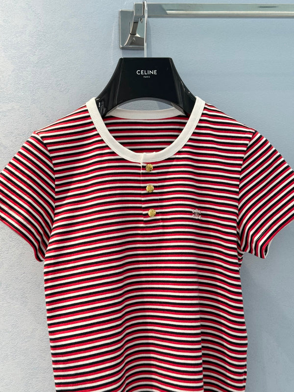 Celine 25 Striped Short-sleeved T-shirt Red White mix Black cotton