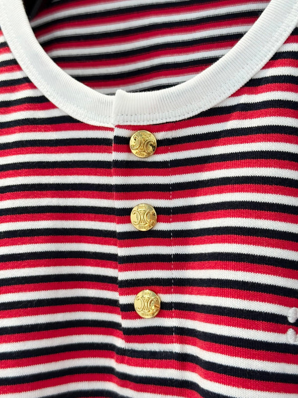 Celine 25 Striped Short-sleeved T-shirt Red White mix Black cotton