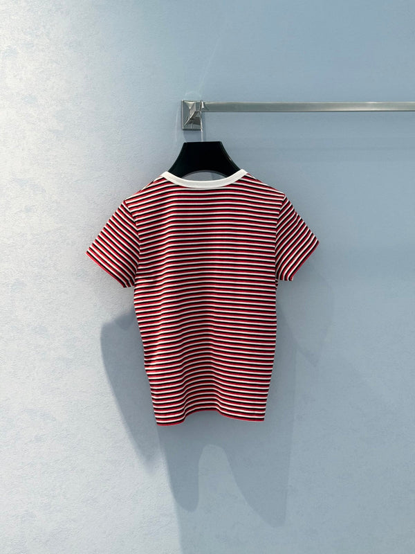 Celine 25 Striped Short-sleeved T-shirt Red White mix Black cotton
