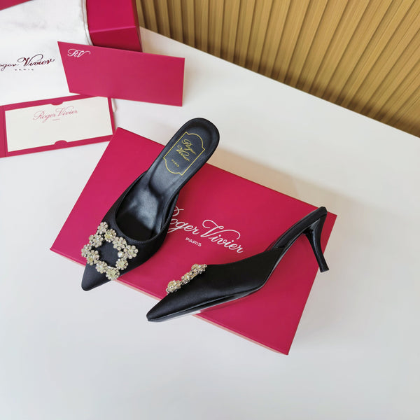 Viv Diamond Mules Black Silk 247394