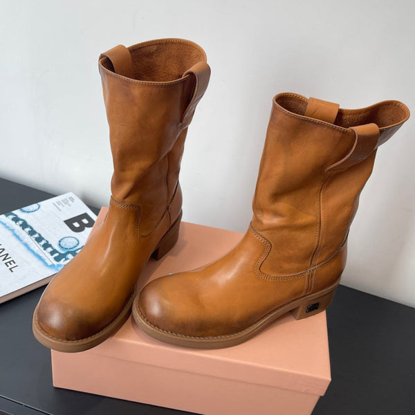 MiuMiu 26 heeled boots caramel brown cowhide 521959