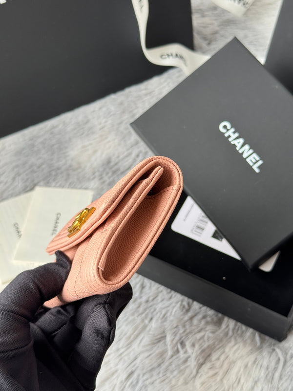 CC Boy Flap Card Holder Light Pink Gold-tone Grained Calfskin 242856