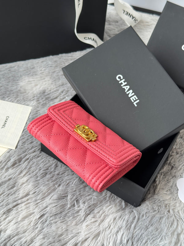 CC Boy Flap Card Holder Pink Gold-tone Grained Calfskin 242858