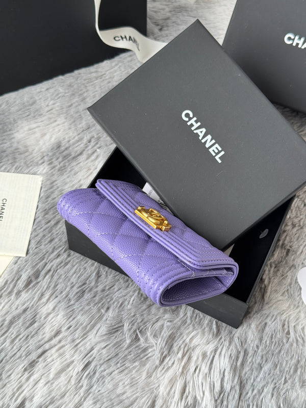 CC Boy Flap Card Holder Purple Gold-tone Grained Calfskin 242860