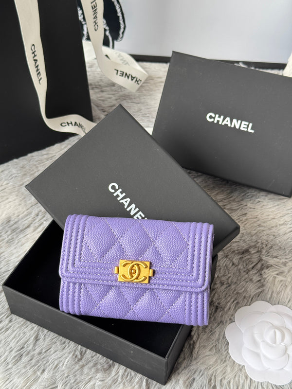 CC Boy Flap Card Holder Purple Gold-tone Grained Calfskin 242860