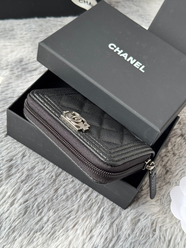 CC Classic Boy Coin Purse Black Sliver-tone Grained Calfskin 242886