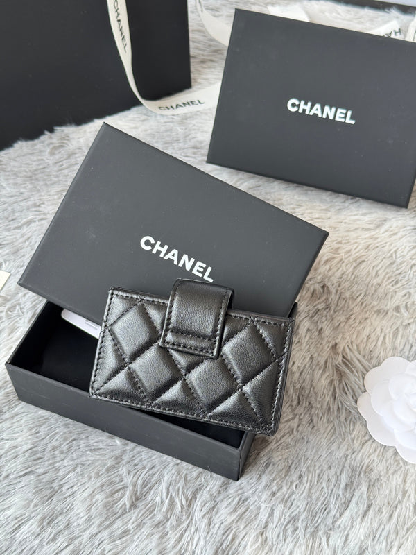 CC Accordion Card Holder Black Sliver-tone Metal Lamskin 242642