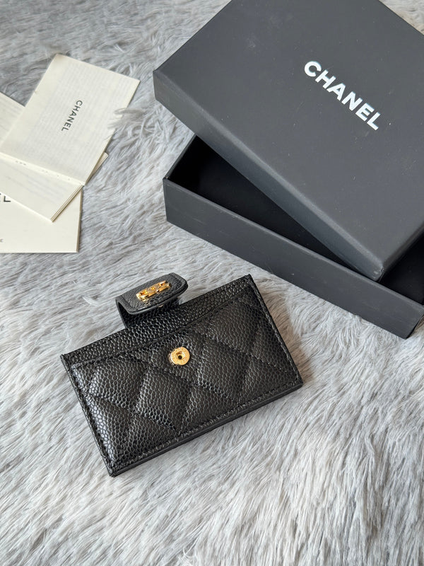 CC Accordion Card Holder Black Gold-tone Metal Caviar 242648