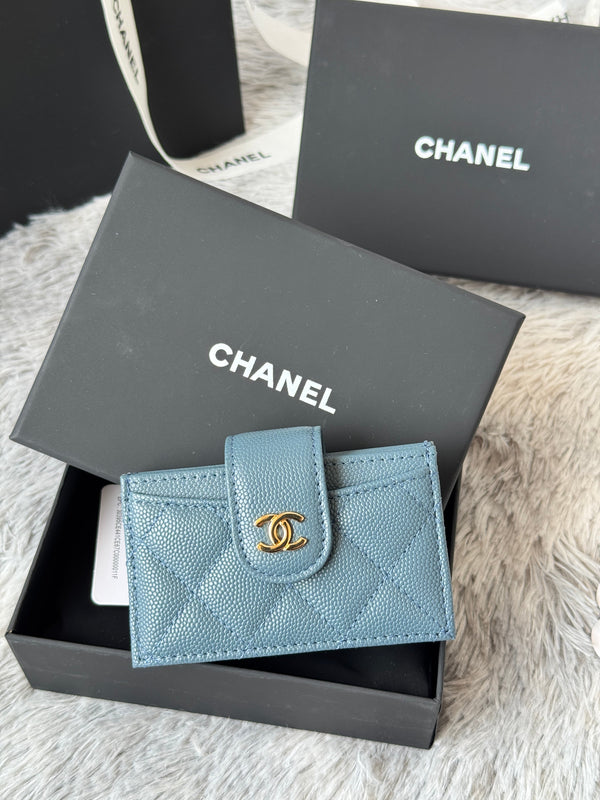 CC Accordion Card Holder Blue Gold-tone Metal Caviar 242659