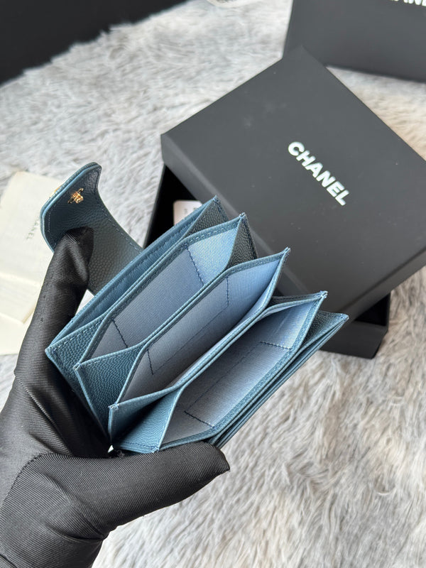 CC Accordion Card Holder Blue Gold-tone Metal Caviar 242659