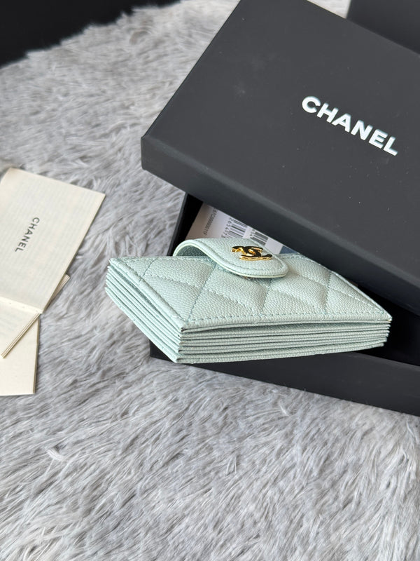 CC Accordion Card Holder Light Blue Gold-tone Metal Caviar 242663