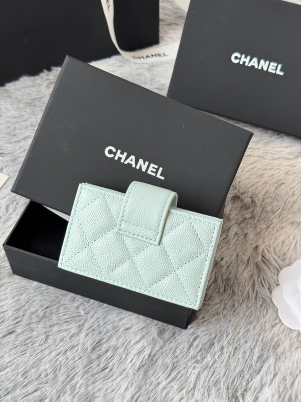 CC Accordion Card Holder Light Blue Gold-tone Metal Caviar 242663