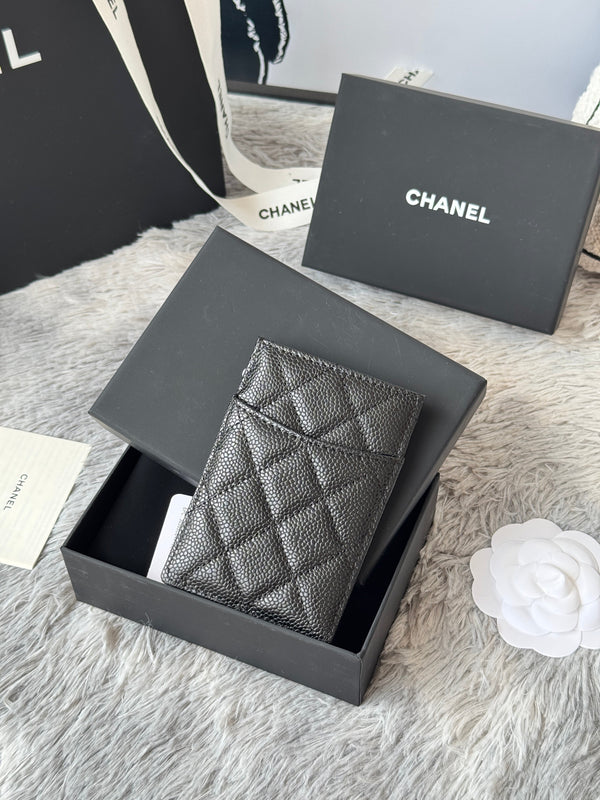 CC Carld Holder Black Gold-tone Metal Grain Calfskin 242682