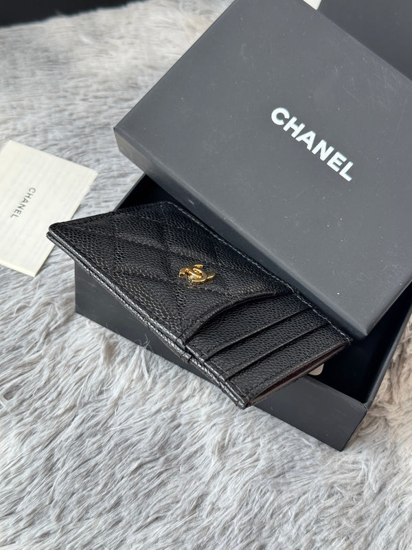 CC Carld Holder Black Gold-tone Metal Grain Calfskin 242682