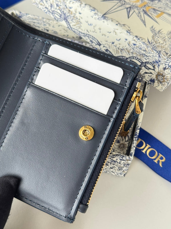 CD 30 Montaigne Dahlia Wallet 12cm Blue Fabric & Calfskin Jacquard