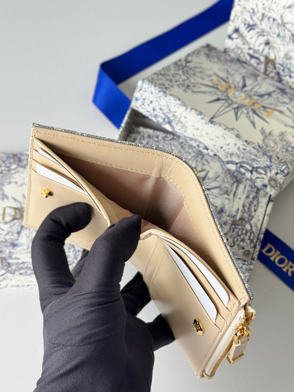 CD 30 Montaigne Dahlia Wallet 12cm Grey Beige Fabric & Calfskin Jacquard