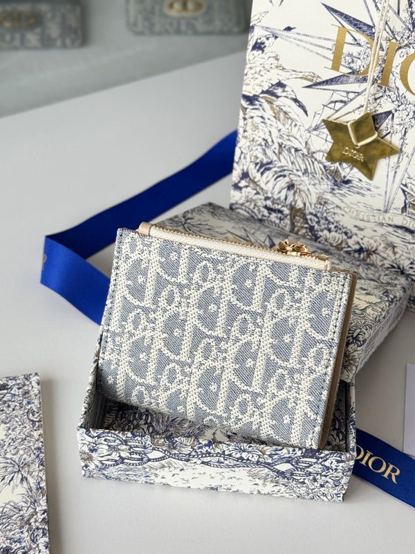 CD 30 Montaigne Dahlia Wallet 12cm Grey Beige Fabric & Calfskin Jacquard