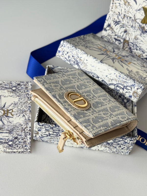 CD 30 Montaigne Dahlia Wallet 12cm Grey Beige Fabric & Calfskin Jacquard