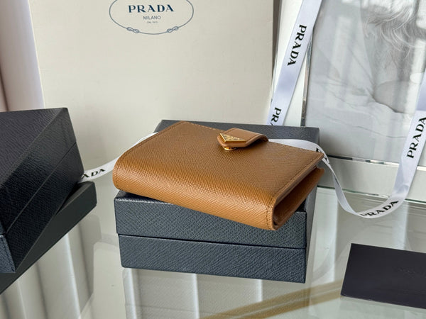 Pra 1MV204 Small Wallet Brown Saffiano & Smooth Leather
