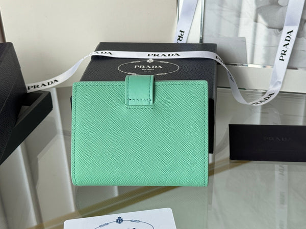 Pra 1MV204 Small Wallet Light Green Saffiano & Smooth Leather