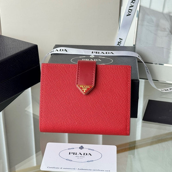 Pra 1MV204 Small Wallet Red Saffiano & Smooth Leather
