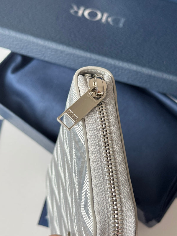 CD Diamond Zipped Long Wallet Grey White Canvas & Cowhide