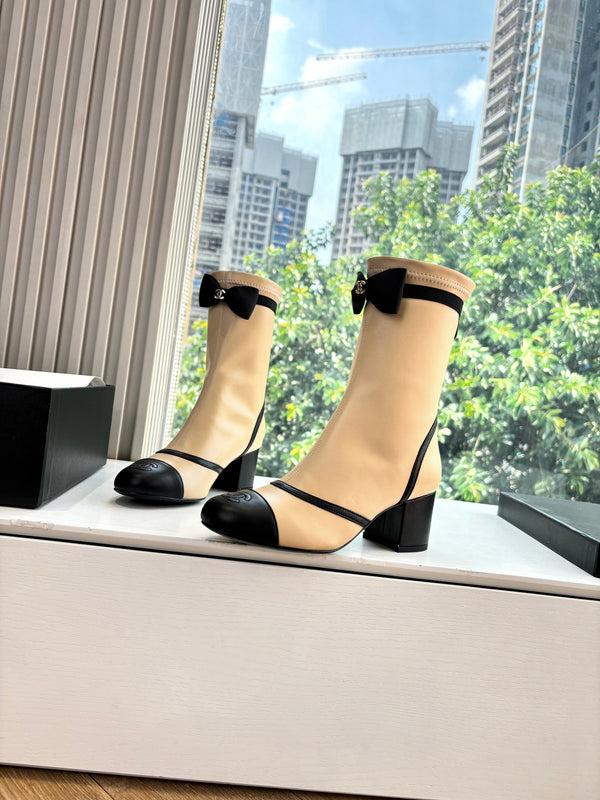 CC 25 Short Boot Beige Calfskin Black Bow 430318