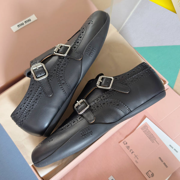 Miu Monk-Strap Thin Sole Black Loafers Leather 509753