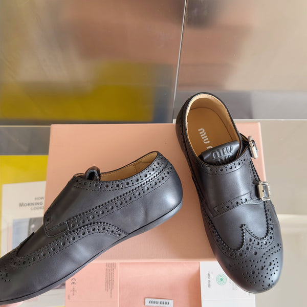 Miu Monk-Strap Thin Sole Black Loafers Leather 509753