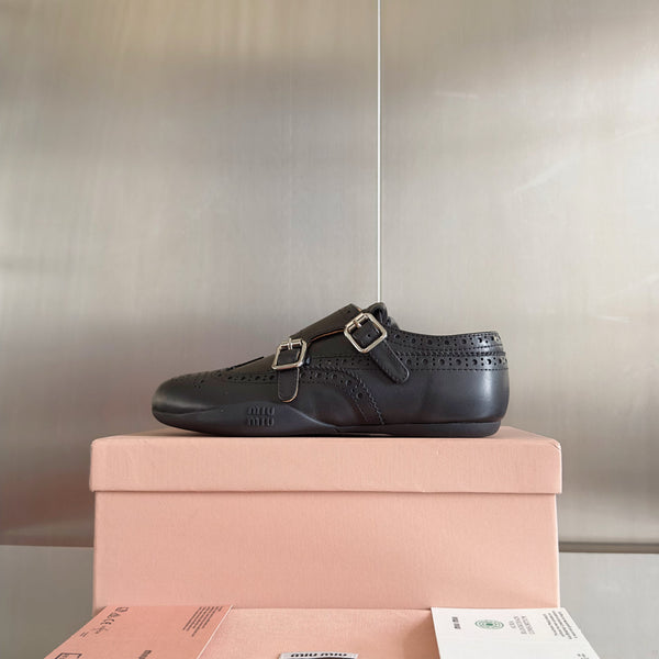 Miu Monk-Strap Thin Sole Black Loafers Leather 509753