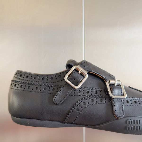 Miu Monk-Strap Thin Sole Black Loafers Leather 509753