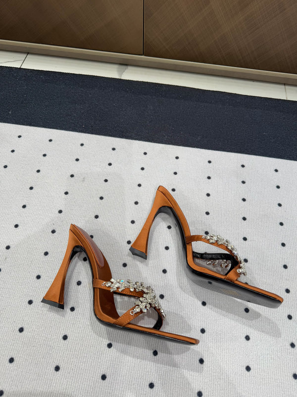 HIGH RHINESTONE CROSS STRAP MULES IN BRONZE BROWN SILK