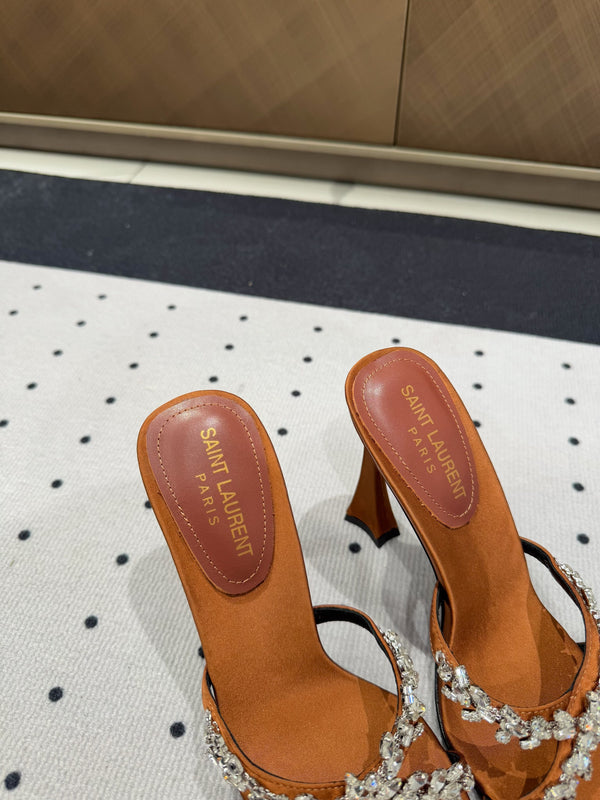 HIGH RHINESTONE CROSS STRAP MULES IN BRONZE BROWN SILK