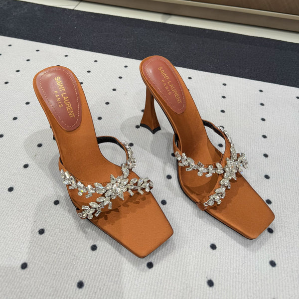 HIGH RHINESTONE CROSS STRAP MULES IN BRONZE BROWN SILK