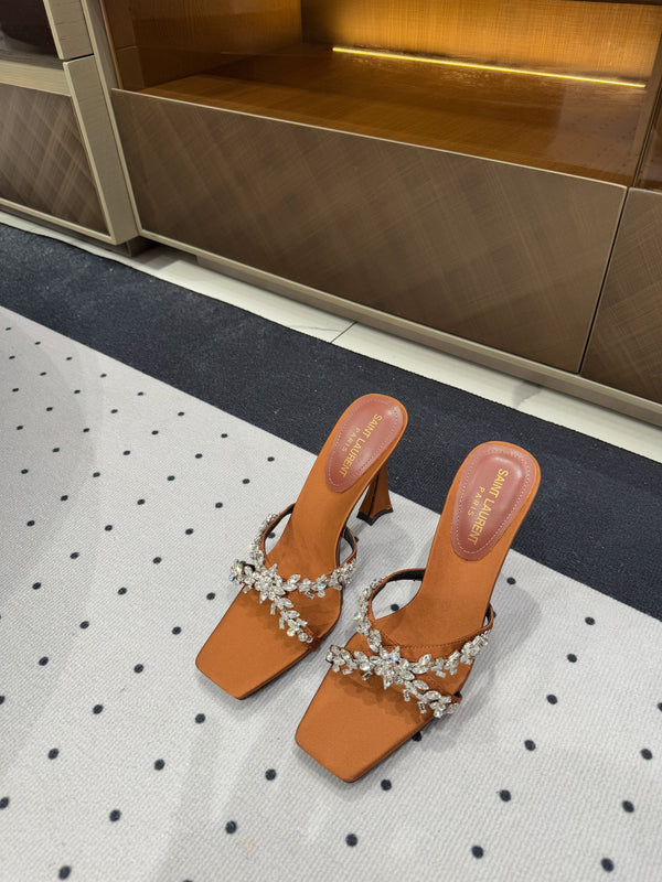 HIGH RHINESTONE CROSS STRAP MULES IN BRONZE BROWN SILK