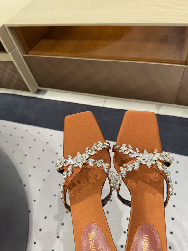 HIGH RHINESTONE CROSS STRAP MULES IN BRONZE BROWN SILK