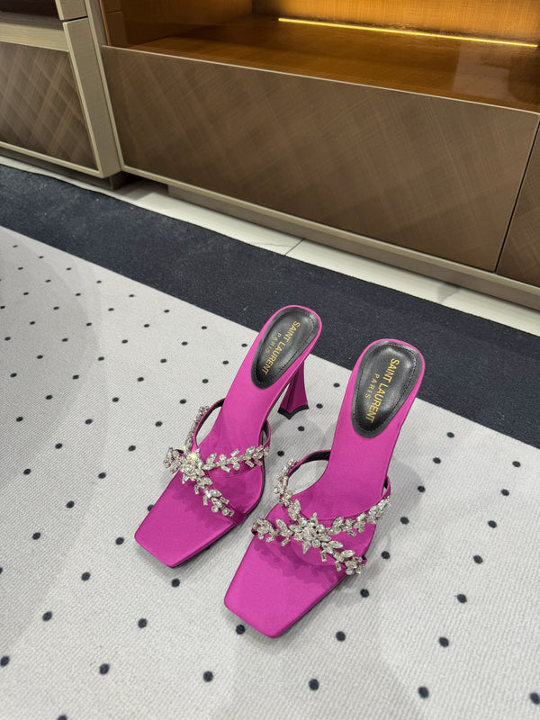 HIGH RHINESTONE CROSS STRAP MULES IN MAGENTA PINK SILK