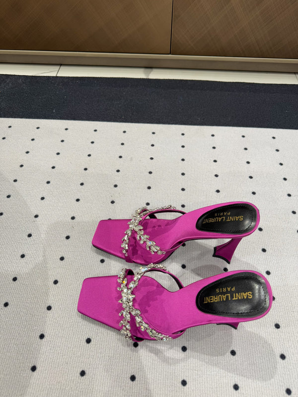 HIGH RHINESTONE CROSS STRAP MULES IN MAGENTA PINK SILK