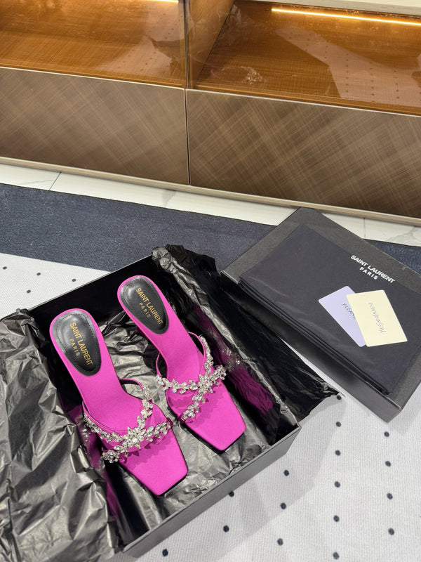 HIGH RHINESTONE CROSS STRAP MULES IN MAGENTA PINK SILK