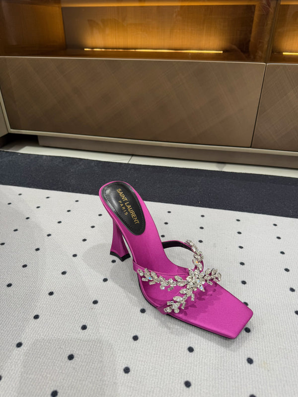 HIGH RHINESTONE CROSS STRAP MULES IN MAGENTA PINK SILK