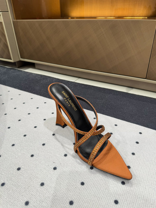 HIGH CRYSTAL STRAP SANDALS IN SANDSTONE SILK