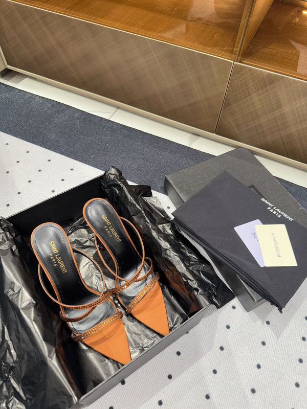 HIGH CRYSTAL STRAP SANDALS IN SANDSTONE SILK