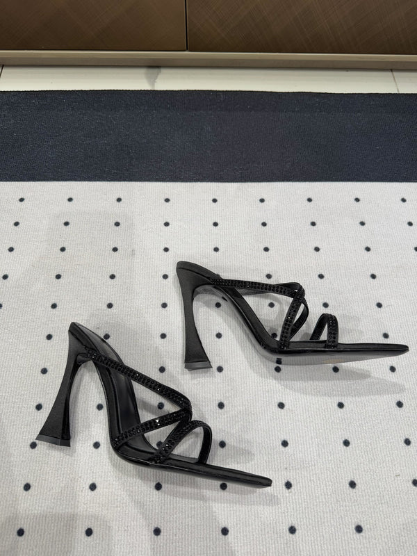 HIGH CRYSTAL STRAP SANDALS IN BLACK SILK