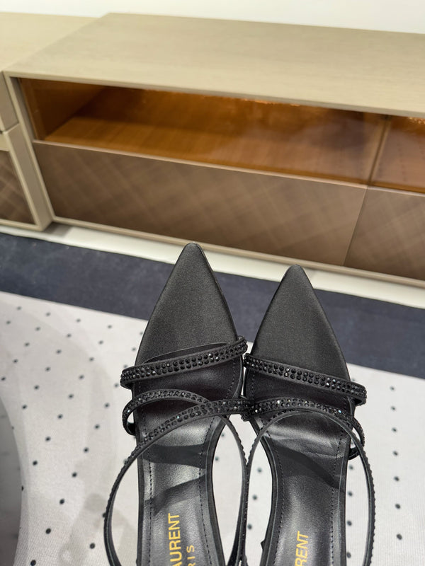 HIGH CRYSTAL STRAP SANDALS IN BLACK SILK