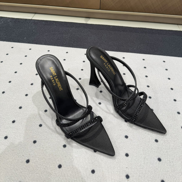 HIGH CRYSTAL STRAP SANDALS IN BLACK SILK
