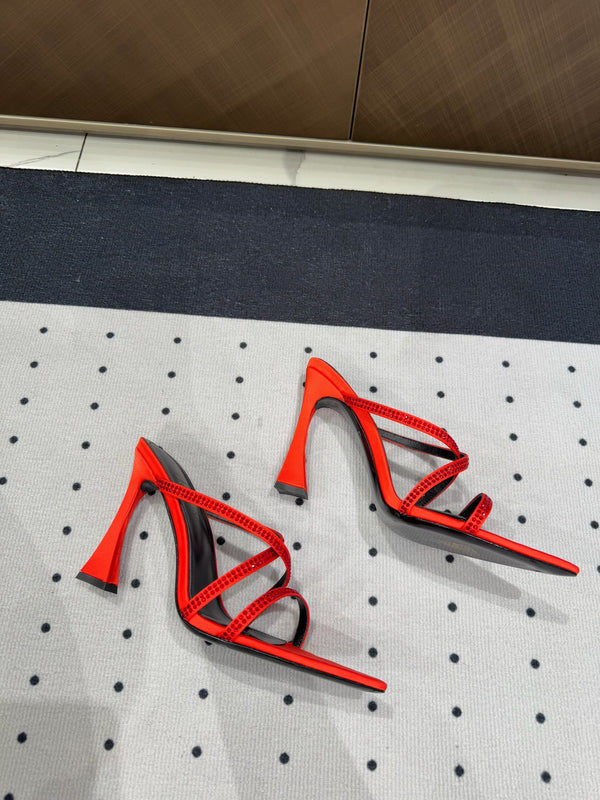 HIGH CRYSTAL STRAP SANDALS IN RED SILK