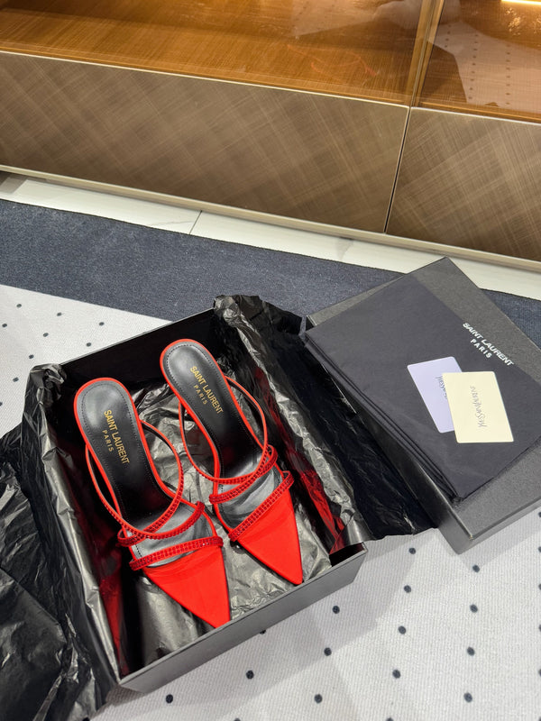 HIGH CRYSTAL STRAP SANDALS IN RED SILK