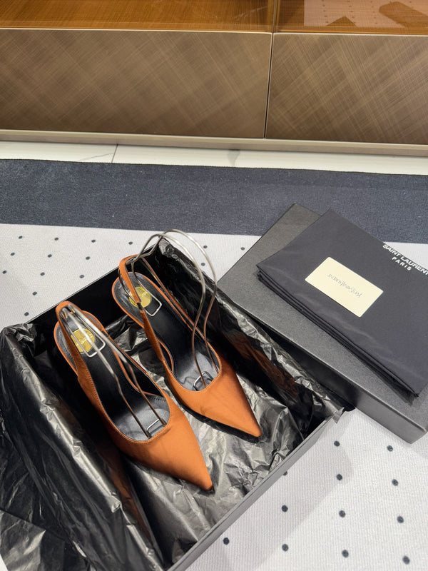 L'ENTRACTE SLINGBACK PUMPS IN BRONZE BROWN SATIN